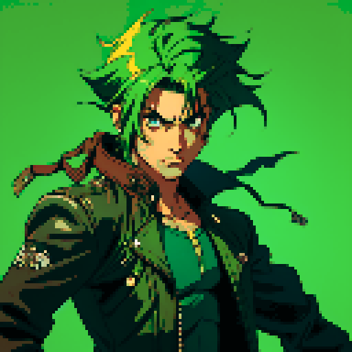 male character, green hair, holding two knives, space pirate, brown leather jacket, retro video game style, pixelated details, no background, dynamic poses