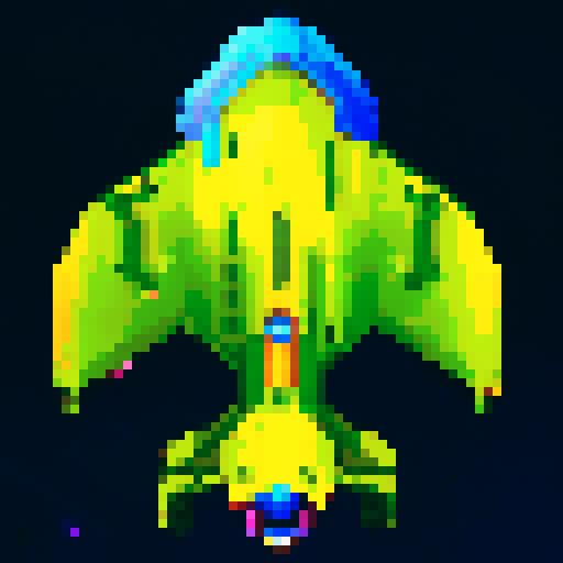 spaceship, overhead view, retro pixel art, vibrant colors, sleek design, glowing thrusters, transparent background, futuristic technology, metallic hull, intricate details, cockpit window