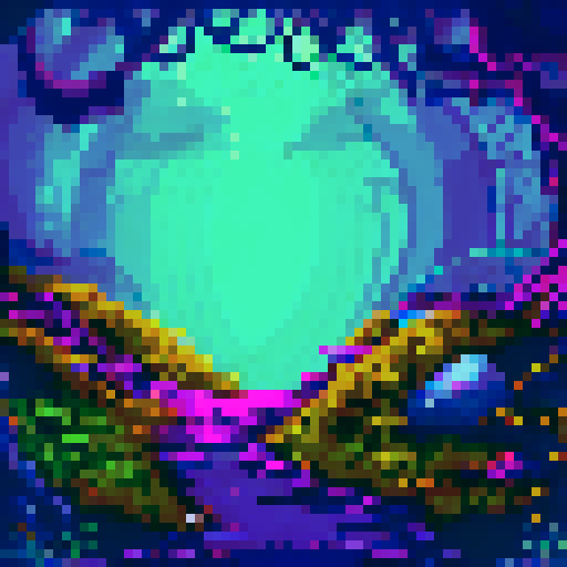 foggy cave entrance, moss-covered stalactites, dimly lit, eerie atmosphere, winding path, ancient rock formations, ethereal glow, pixelated fog, sRGB color palette, pixel art style, detailed background, misty landscape