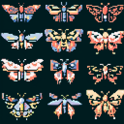 collection of 9 tiny 8-bit pixel art on flat black background each depicting a different moth each more beautiful than the last 