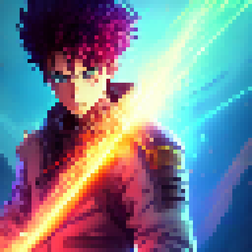 Sparks fly as the pixelated anime hero, with spiky hair and katana in hand, stands defiantly amidst an electrifying blue aura and fiery red glow.