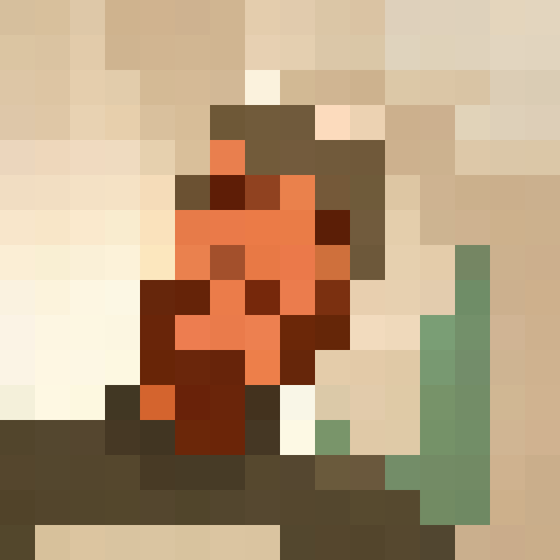 Man, rugged, bearded, staring intently, surrounded by towering trees, with leaves crunching underfoot, creating a moody, atmospheric, pixelated 16x16 game icon that zooms in for a dramatic close-up portrait shot.