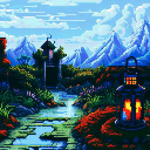 lantern light, shimmering glow, rustic wooden lantern, flickering flames, illuminating a tranquil garden, vibrant pixelated flowers, towering mountains in the distance, serene moonlit sky, sRGB color palette, detailed pixel art, immersive background, picturesque landscape
