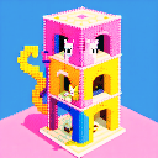 huge, complex cat tower, colorful pixel art, sRGB, multiple cats