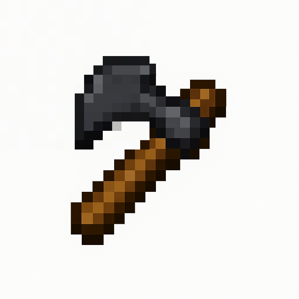 A sturdy farming hoe icon, tool head crafted from matte dark grey iron, sharp and defined blade edge, smooth polished wooden handle with a metal reinforcement ring, solid industrial look. pixel art style, 16x16 grid resolution, minecraft item icon style, flat 2D game asset, white background, no shadows, hard edges, diagonal tool view.