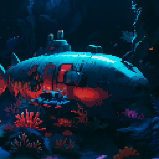 submarine, underwater, colorful, vibrant, retro, 8-bit, pixelated, deep sea, coral reefs, marine life, illuminated, glowing, exploration, portholes, periscope, propellers, mechanical, rivets, vintage, nostalgic