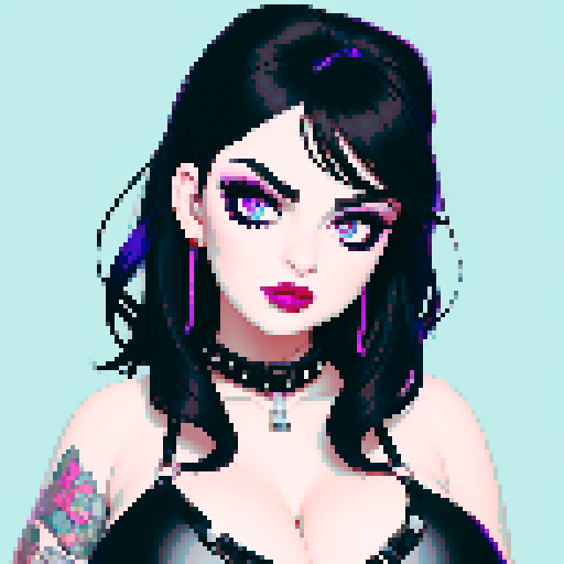 curvy, cute busty greaser goth girl's face, whole head portrait, black hair, purple eyeshadow, red lipstick, low cut black studded leather halter top, studded collar, game avatar portrait, vibrant sRGB colors