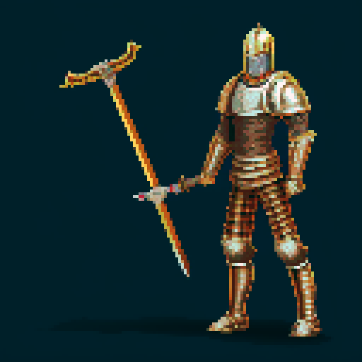 pixel art picture of a human male knight with a two-handed great sword, detailed shading, and smooth lines, heavy armor, confident stance, muscular build, armored helmet, deep red and gold armor, detailed sword, detailed shading, smooth lines, running, swinging sword