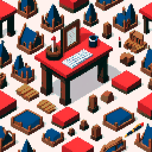 building, inside, block, wood, isometric, medieval, writing table, feather pen, ink, paper, royal stamp, stamp red