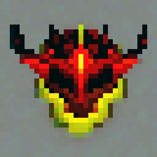 Horned, fiery demon hunter helmet with intricate engravings, glowing red eyes, and smoke billowing from the nostril-like vents, rendered in 32x32 pixel art for use as a game asset