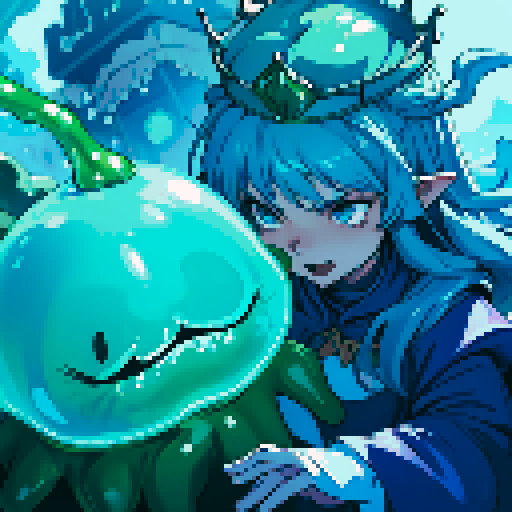 Blue Slime cube, Gelatinous cube, wearing crown, giant Slime, boss fight