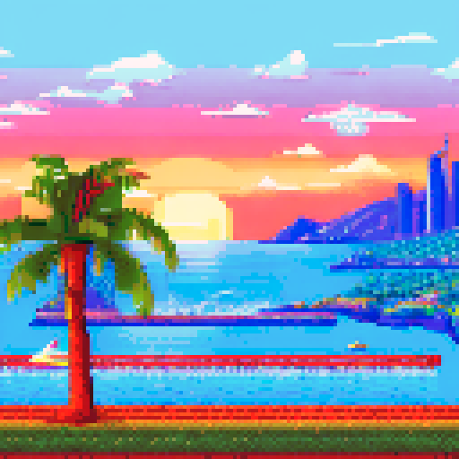 Monaco skyline at sunset, towering palm trees, sparkling ocean, grandstands filled with spectators cheering on their favorite racer, all depicted in retro pixel art style with a muted sRGB color palette