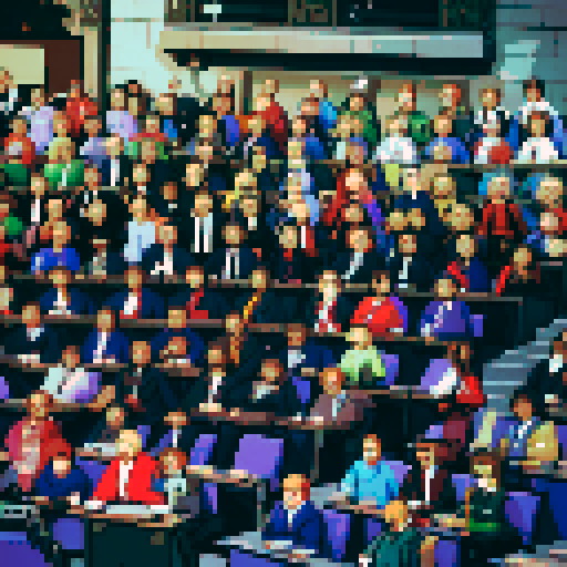 Wide shot of delegates arguing inside of German Federal Parliament, live TV coverage, vibrant colors, pixelated details, retro video game aesthetic, animated pixel art, intricate pixel patterns, dynamic lighting, immersive atmosphere, animated gestures, traditional German clothing, historical significance