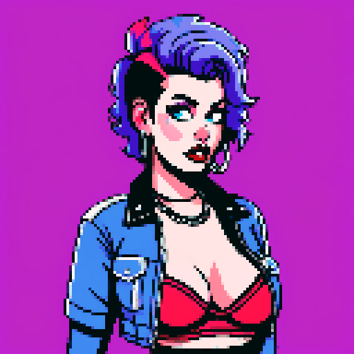 curvy, cute, busty greaser goth girl, with purple hair, blue eyeshadow, red lipstick. wearing bikini, studded collar. Posing in a sexy seductive glamour shot, whole head portrait, avatar photo. vibrant sRGB colors, pixel art, edgy aesthetic