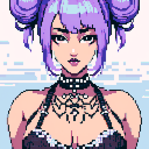 curvy, seductive busty goth babe with studded collar, hair in buns, aroused nude big titty goth in a close-up nude glamour shot, wearing halter top, against a modern tile backsplash, pixel art, sRGB