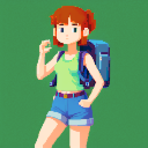 Female character wearing tank top, unbuttoned short sleeve shirt, jean shorts, hiking boots, and backpack 