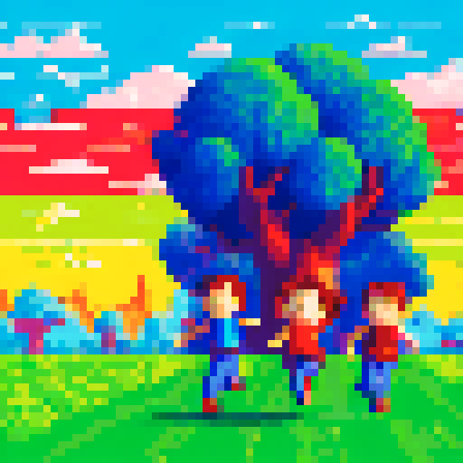 A colorful, pixelated panorama captures a group of ecstatic educators dashing out of a school, their flowing garments and wind-blown hair set against a verdant, sun-drenched backdrop, their expressions brimming with elation and relief