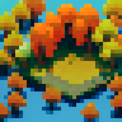 top-down perspective, aspen tree, vibrant autumn colors, pixel art, detailed leaves, towering trunk, sunlight filtering through branches, pixelated bark texture, crisp blue sky, tiny birds perched on branches