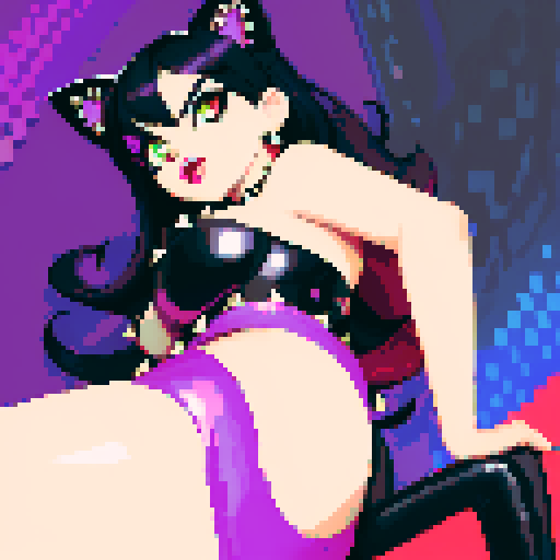curvy, cute goth cat girl, black hair, purple eyeshadow, red lipstick, studded leather, upskirt, nude glamour shot, vibrant sRGB colors, pixel art