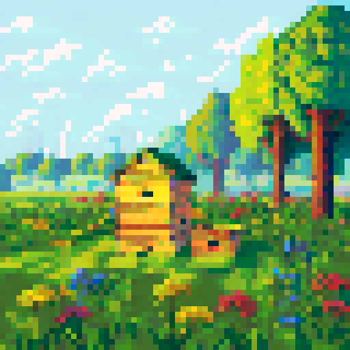 A small apiary in the english countryside. A beekeeper is tending one of the hives.