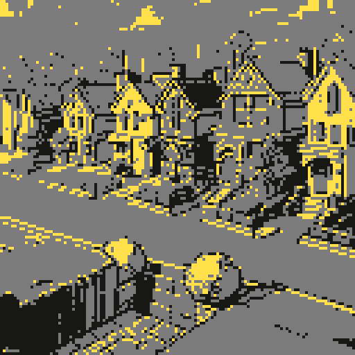 Modest suburban american row houses, legend of Zelda isometric perspective, side view, tile based art, 8x8 tiles, pixel art
