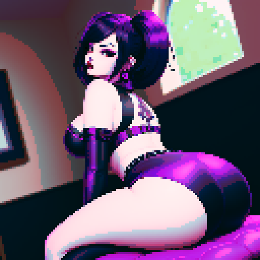 curvy goth girl sitting, black hair, purple eyeshadow, red lipstick, rear end view, rear view glamour shot, pixel art, vibrant sRGB colors, edgy aesthetic, pixel art, sRGB