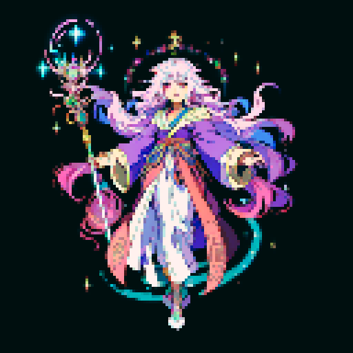 legendary anime girl wizard, long flowing hair, vibrant and dynamic colors, glowing magical staff, intricate and ornate robes, intense and focused expression looking to the right, not wearing shoes, sparkling and shimmering background, detailed and precise pixel art
