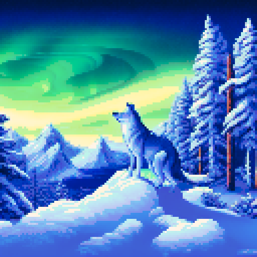 A majestic wolf howling at the Aurora Borealis, set against a snowy mountain backdrop, surrounded by pine trees and illuminated by the vibrant hues of a pixel art sky