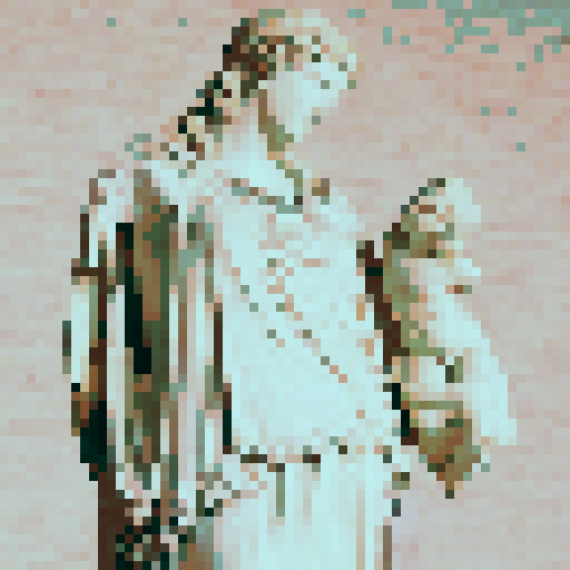 plutus sculpture, vibrant colors, geometric shapes, isometric view, low resolution, retro aesthetic