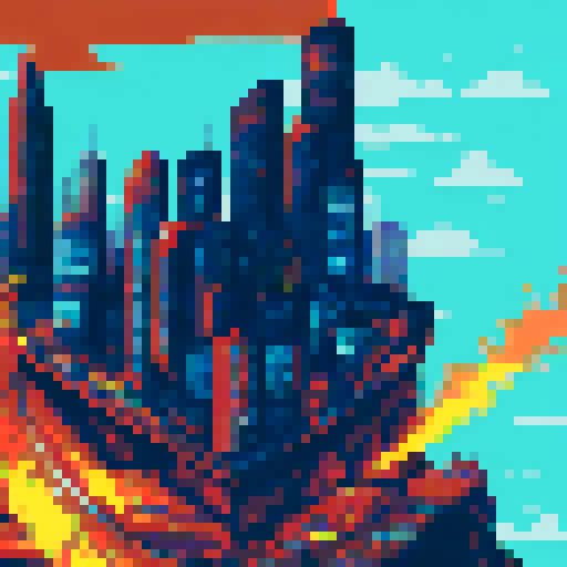 Fiery orange and red debris raining down against a blackened, pixelated cityscape backdrop, all captured in vivid sRGB hues