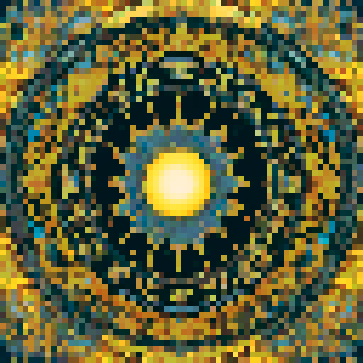 A breathtaking celestial mandala masterpiece featuring an intricate cosmic dance between the moon and sun, rendered in semi-realistic style with bold, flowing outlines that create a mesmerizing sense of movement. The moon section glows with ethereal blue-gray luminescence, its cratered surface textured with icy cyan highlights and deep slate shadows. The sun portion radiates with essential golden-yellow solar flares (only where necessary) surrounded by a corona of warm tans and rich browns. The 