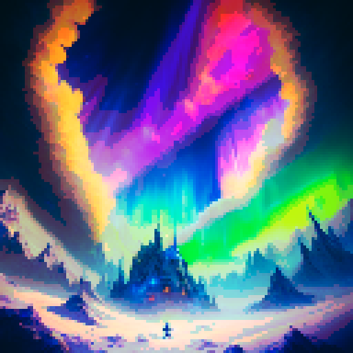 adorable village nestled in a whimsical, fantasy RPG landscape, with a sky ablaze in vibrant hues of the mesmerizing northern lights aurora borealis