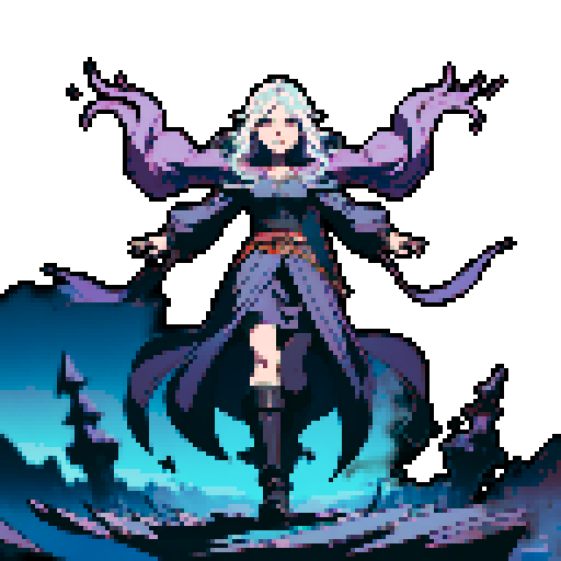full-body image, sorceress facing right, sorceress ready to fight, evil sorceress, floating, arms out, magic circles, magic power, spell, evil sorceress, evil witch, magic symbols, ultimecia, final fantasy, sRGB, pixel art, evil outfit