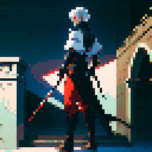 Young man with short white hair with a shadow knight standing behind him. The knight is fully armored with gleaming red eyes