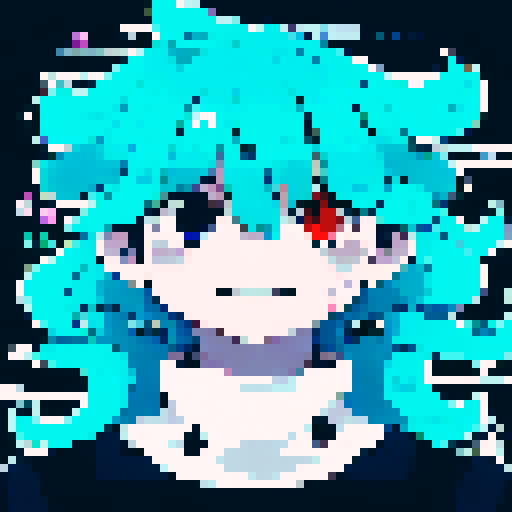 cute character with big, expressive eyes, long blue hair, vibrant neon colors, pixel art aesthetic, futuristic cityscape filled with towering skyscrapers and holographic billboards, glowing neon signs reflecting off rain-soaked streets, characters wearing edgy, futuristic fashion, dramatic lighting casting long shadows, intricate circuitry and glowing cybernetic, landscape portrait