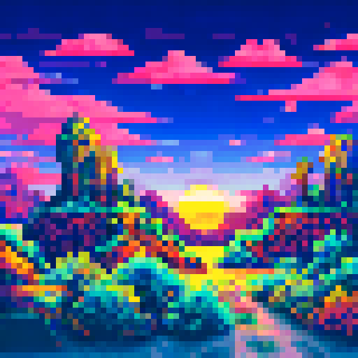 Barren wasteland, desolate mountains, jagged rocks, dry cracked earth, arid cacti, abandoned ruins, fading sunset, pixelated sand dunes, sRGB colors, pixel art, detailed background, vast landscape