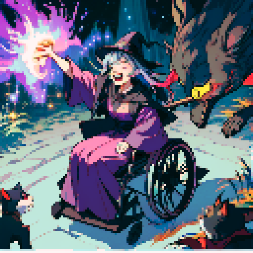 Wheelchair bound, witch, broomstick, cauldron, black cat, moonlit night, swirling clouds, glowing potions, pointed hat, long flowing robes, crooked nose, cackling laughter, magical sparks, enchanted forest, glowing eyes, stars in the sky, pixelated charm, vibrant colors
