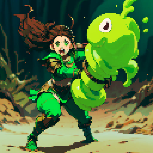 slime slamming into a hero, impact, splattering, full-body image, hero has brown hair and metal armor, slime is green