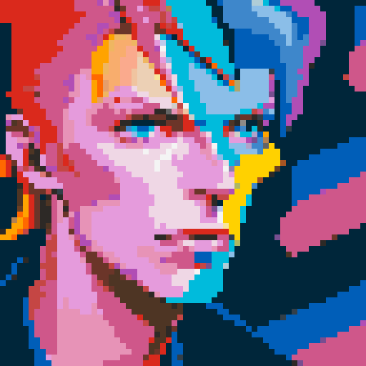 david bowie, vibrant colors, zigzag lightning bolt, retro arcade game, glitch effects, neon lights, geometric patterns, face close-up