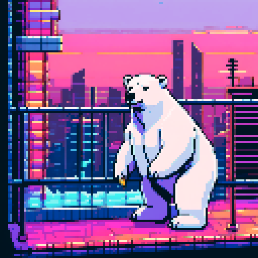 "An 8-bit pixel art of a polar bear standing on a sleek, modern balcony, overlooking a glowing sunset. The bear, adorned with gold chains and sunglasses, leans casually on the railing, with stacks of crypto coins and a tablet showing trading charts beside him. The futuristic cityscape below is lit with neon signs and holograms, blending the serene sunset with the high-tech crypto world."