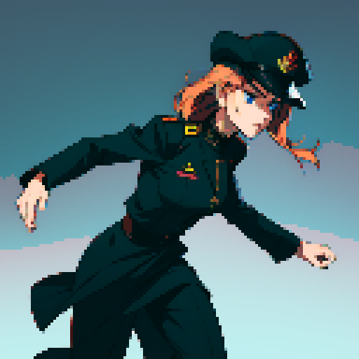 full-body image, military general woman, black uniform, black hat, facing left, ready to fight