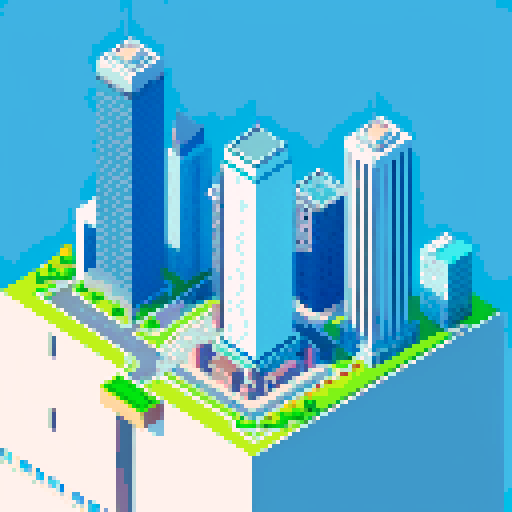 Isometric view, Large city, tall skyscrapers, many buildings, green grass parks, bird's eye view