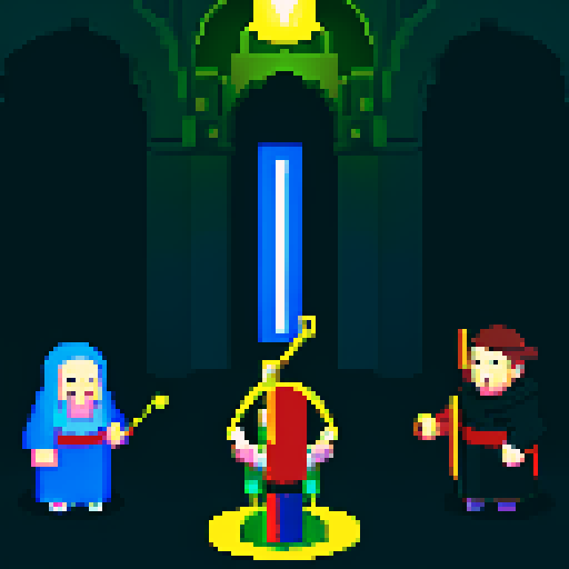 three men, archmage and his apprentices , magic staff, light at the archmage, dark place, king with staff, cant see eyes, eyes darken, only three men