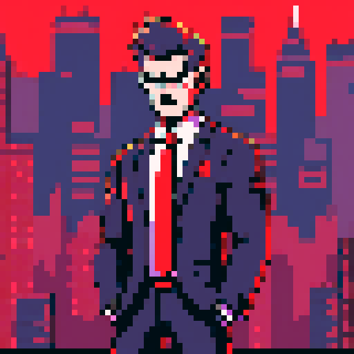 angry business CEO, pixel art, sRGB, sharp suit, furrowed brows, clenched fists, red tie, towering office building, city skyline, intense expression, fiery red background