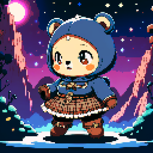 A graphic depiction of a chubby puffy bear in retro 1995 anime style, chibi form, close cam, half body, ellipse head,with black puppet eyes and brown fur, styled with long twin pigtails. Wearing magical clothes with intricate belts and patches. Background of a wild magic night with a dark waterfall and bright stars. Created Using: classic anime aesthetics, detailed magical garments, enchanting night setting, vivid portrayal, star reflections, dynamic composition, hd quality --ar 2:3 --v 6.0 niji