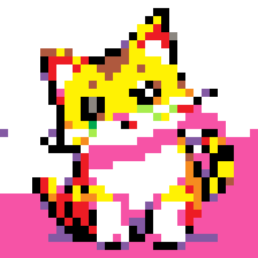 cat, vibrant colors, blocky pixels, playful pose, animated expression, retro aesthetic, 8-bit style, sharp edges, saturated hues, low-resolution, jagged lines, cute features, whimsical composition, dynamic movement, pixelated fur, nostalgic vibe, vintage video game, cheerful atmosphere