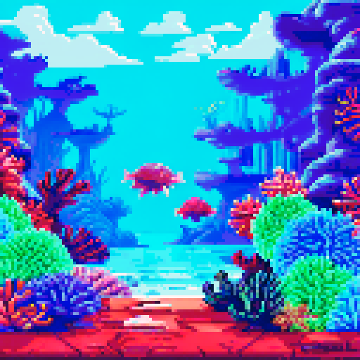 Deep sea underwater background with pixel art sea creatures, vibrant colors, detailed coral reefs, and a serene sRGB landscape, blue and red tones cyberpunk. Exclude any clouds, background must be water with light reflections