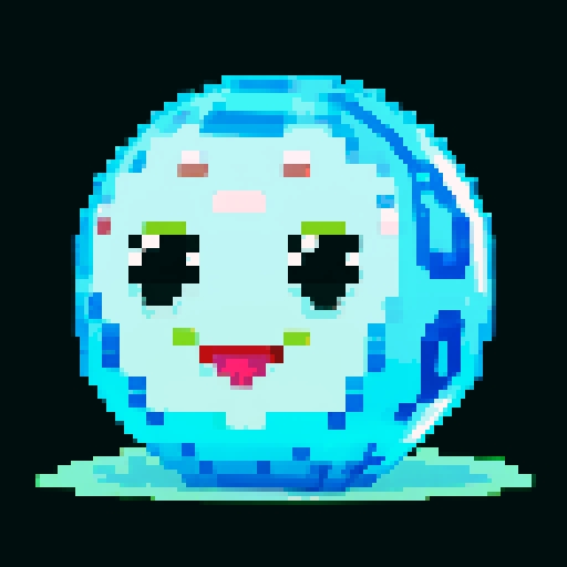 A larger, dazzling slime with a body made of semi-transparent, glittering gemstones. It has bright, sparkling eyes and a joyful smile, with light reflecting off its facets. No background.
