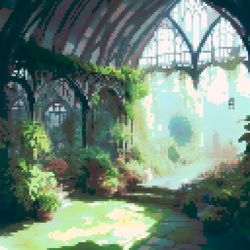 Gothic greenhouse, towering arches, lush foliage, eerie mist, dimly lit, hauntingly beautiful, ornate details, sprawling vines, dramatic shadows, delicate blooms, brooding atmosphere, ethereal light, mysterious allure, ornamental windows, intricate ironwork, grand entrance