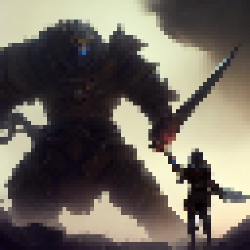 Armor-clad fighter charges his sword towards a towering stone golem amidst a misty forest.